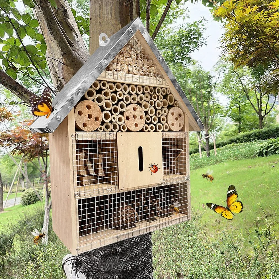 Casetta In Legno Da Giardino Esterno Per Insetti, Casetta Api Selvatiche Da Appendere Con Tetto In Metallo, Hotel Per Insetti Selvatici Ape Farfalla Coccinella, Decorazioni Appesa Da Giardino Albero