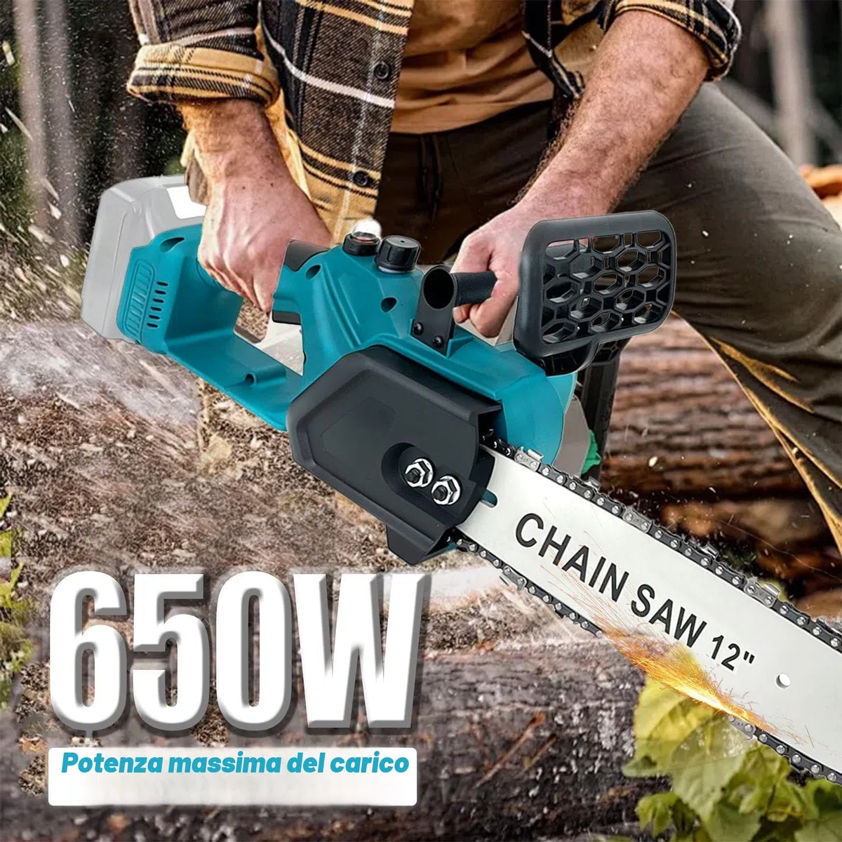 Motosega a batteria da 12 pollici con 2 batterie da 18V 5,5 Ah e caricabatterie, motore in rame da 4100 giri/min, lubrificazione automatica, motosega senza spazzole per potatura alberi, taglio legna