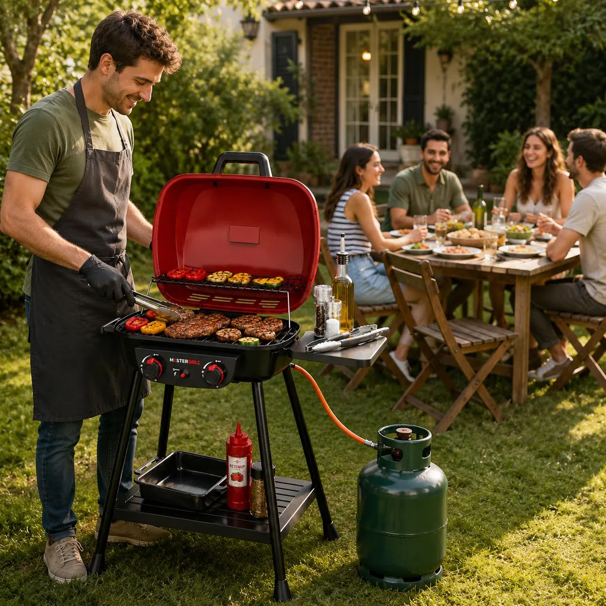 MasterCook - Barbecue a Gas 2 Bruciatori Rosso con Griglia in Ghisa e Scaldavivande, BBQ da Esterno con Accensione Piezoelettrica e Ruote, 76,8x51,9x90,4 cm