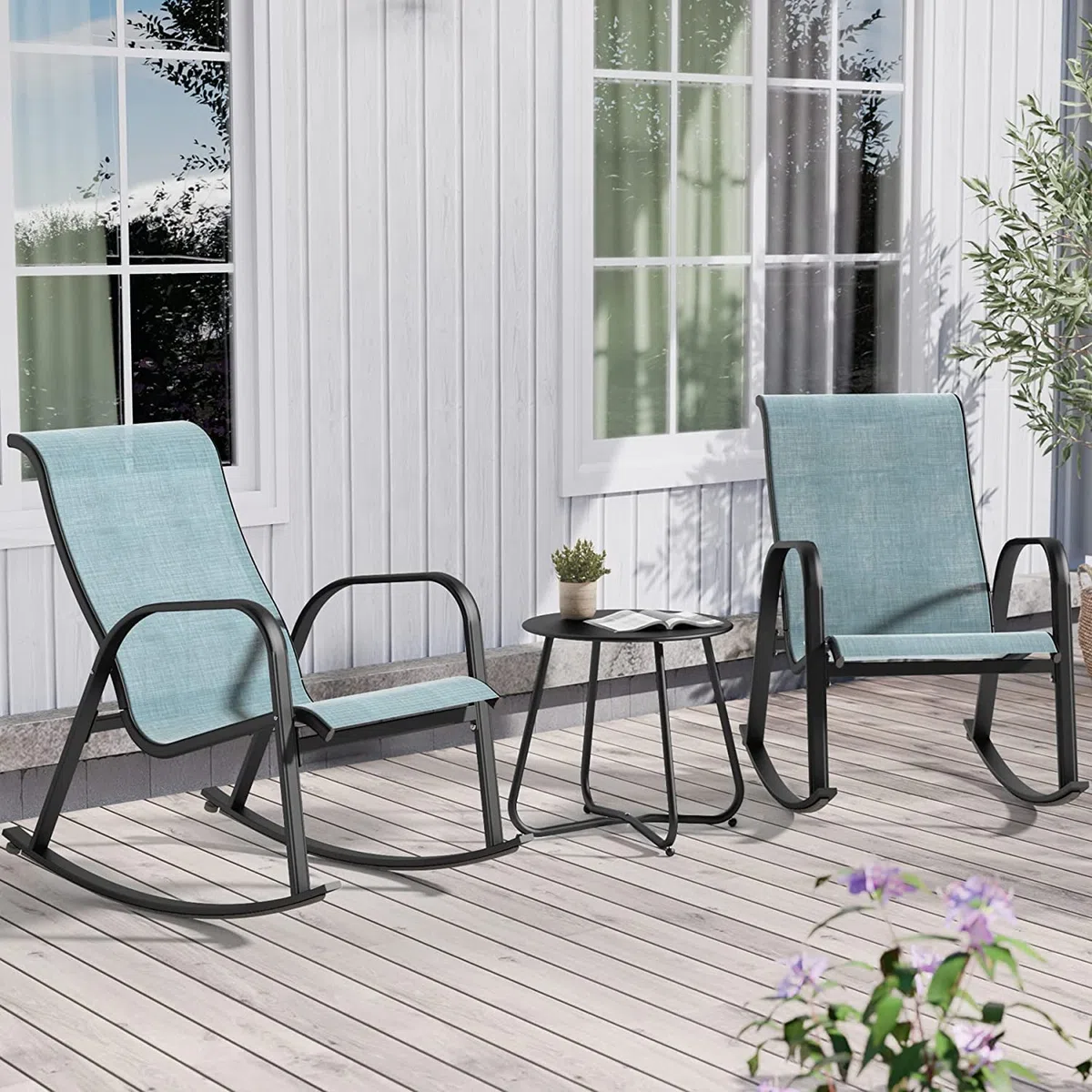 Grand patio Sedia a Dondolo Textilene, Poltrona a Dondolo Ultra Resistente, Poltrona Struttura in Metallo per Veranda, Giardino, Terrazza (Blu, 3PC)