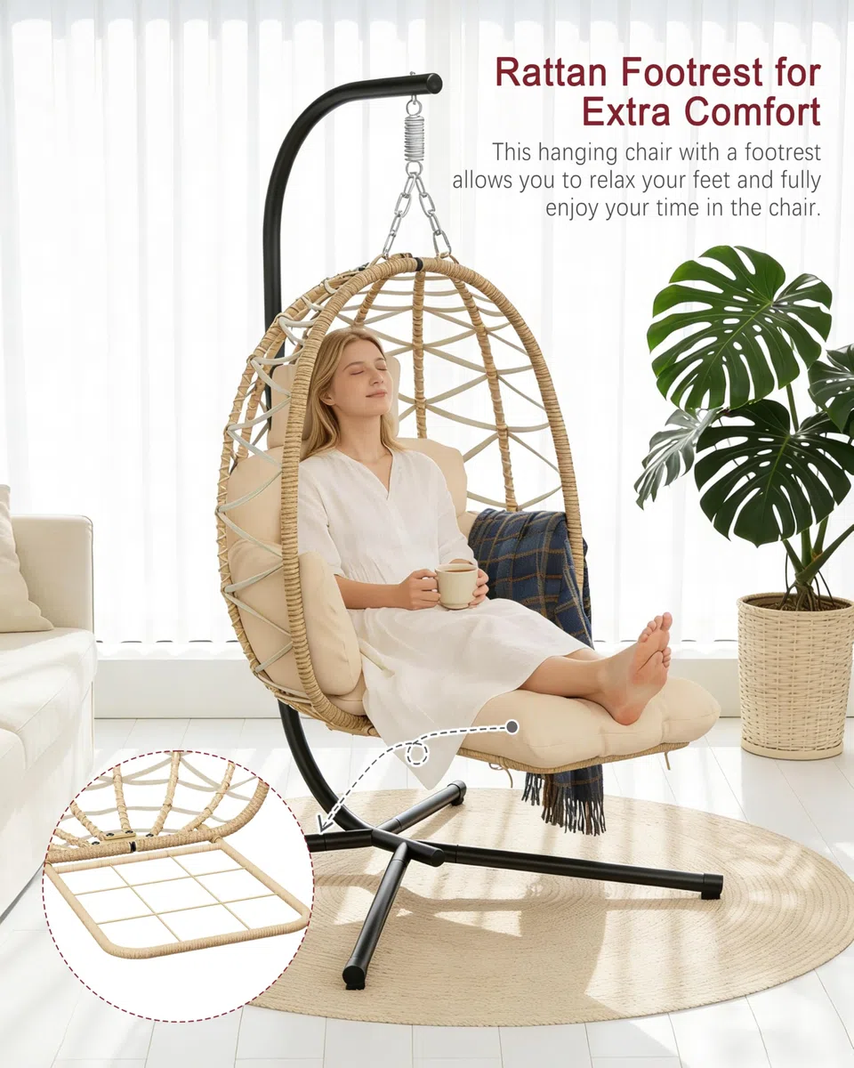 Poltrona sospesa con telaio, poggiapiedi, poltrona sospesa, in rattan per esterni e interni, altalena sospesa per giardino, terrazza, cameretta dei bambini, angolo lettura, fino a 150 kg