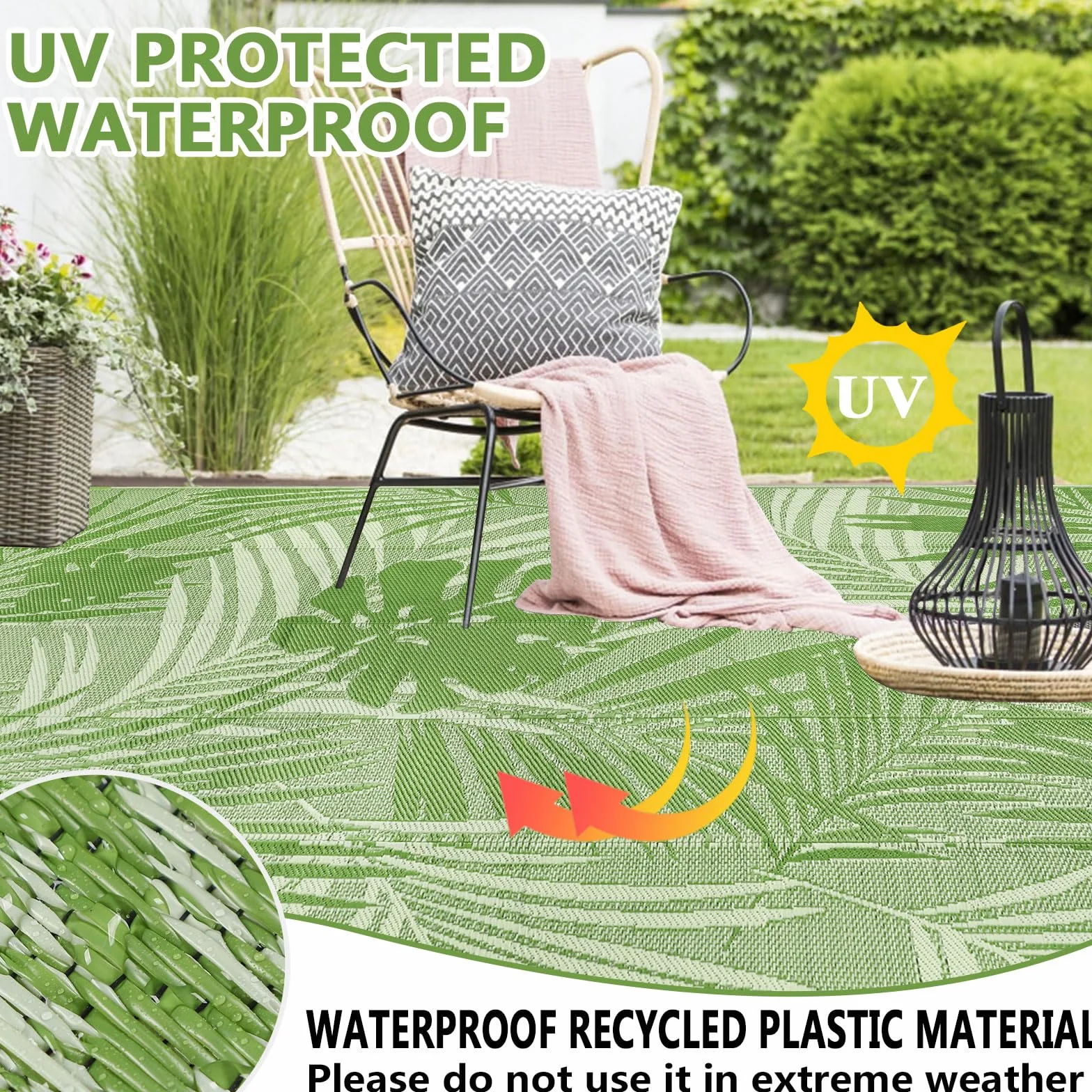Famibay Tappeto per Esterno Motivo a Foglie Verdi Elegante Tappeto Impermeabile Eeversibili e Resistente ai Raggi UV per Giardino, Patio, Spiaggia, Picnic, Campeggio, Cortile 150 x 245 cm