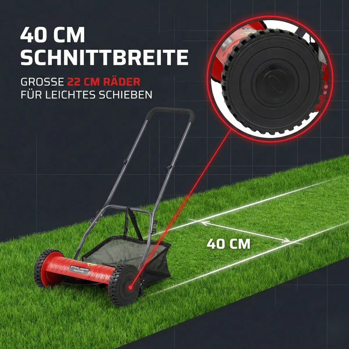 STAHLMANN RoyalCut - Tosaerba 40 cm, cestello 32 litri, 4 livelli altezza taglio – tosaerba manuale – silenzioso ed ecologico