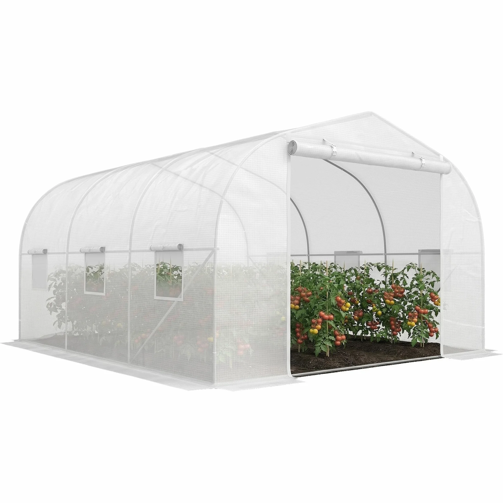 Outsunny Serra da Giardino, Serra a Tunnel per Giardino con Porta a Rullo e 6 Finestre, per Orto in Polietilene e Acciaio, 3.5x3x2 m, Bianco