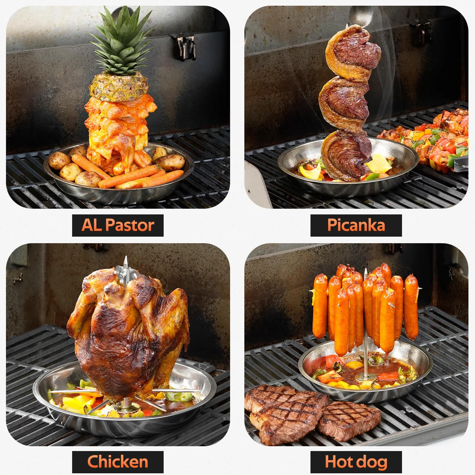 Onlyfire Spiedino Verticale Multifunzione per Barbecue, Spiedo per Carne in Acciaio Inossidabile con Forchette Rimovibili per Pollo e 2 Diverse Misure di Spiedi per Shawarma, Pollo Intero, Pesce