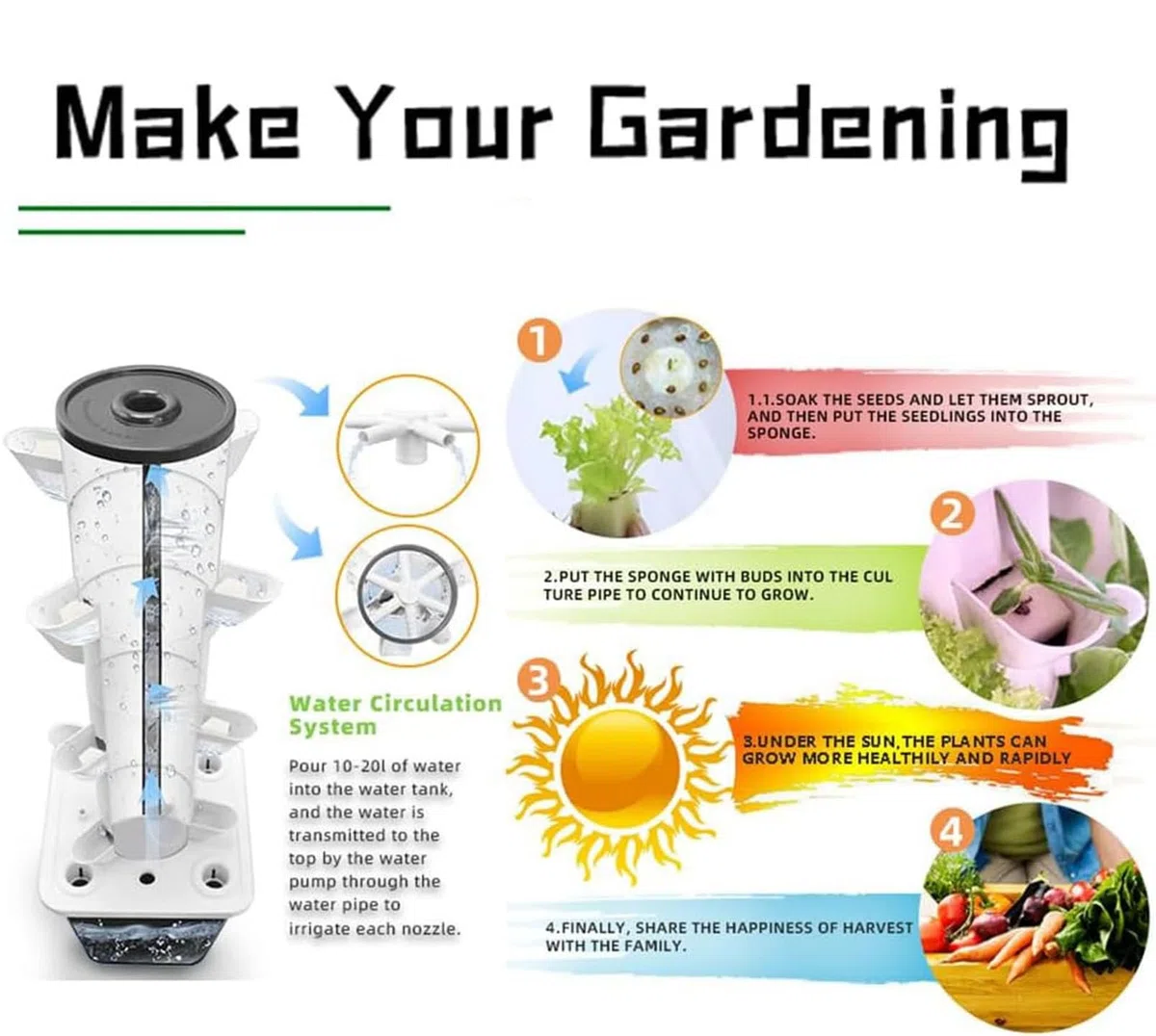 Sistema di Coltivazione Idroponica per Erbe, Frutta E Verdura da Interni, Torre Aeroponica da Giardino con Pompa Idratante, Adattatore, Vasi A Rete E Timer(Color:30holes)
