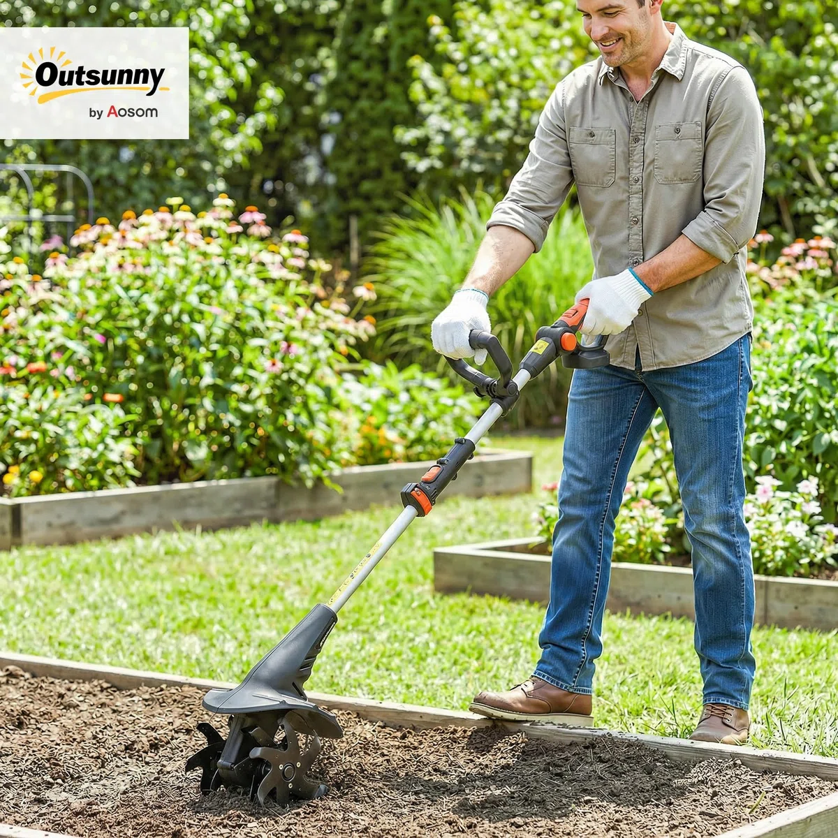 Outsunny Motocoltivatore Cordless 18V, Motozappa 20cm Larghezza, 18cm Profondità, 4 Lame, Manico Regolabile, per Orto, Giardino e Terreni, Batteria e Caricabatterie Non Inclusi