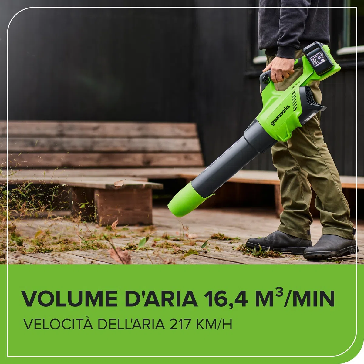 Greenworks Tools 48V(24V x 2）Soffiatore Assiale a Batteria, Ioni di Litio Velocità d'Aria 217 Km/h Potente Tubo Soffiatore Assiale Controllo di Velocità Elettronico Con Batteria e Caricatore GD24X2AB