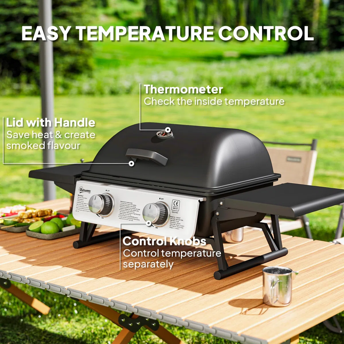 Outsunny Barbecue a gas da tavolo trasportabile, 2 bruciatori da 5,6 kW, barbecue a gas da campeggio con griglia di cottura, ripiani laterali, coperchio, termometro, per campeggio, giardino e balcone,