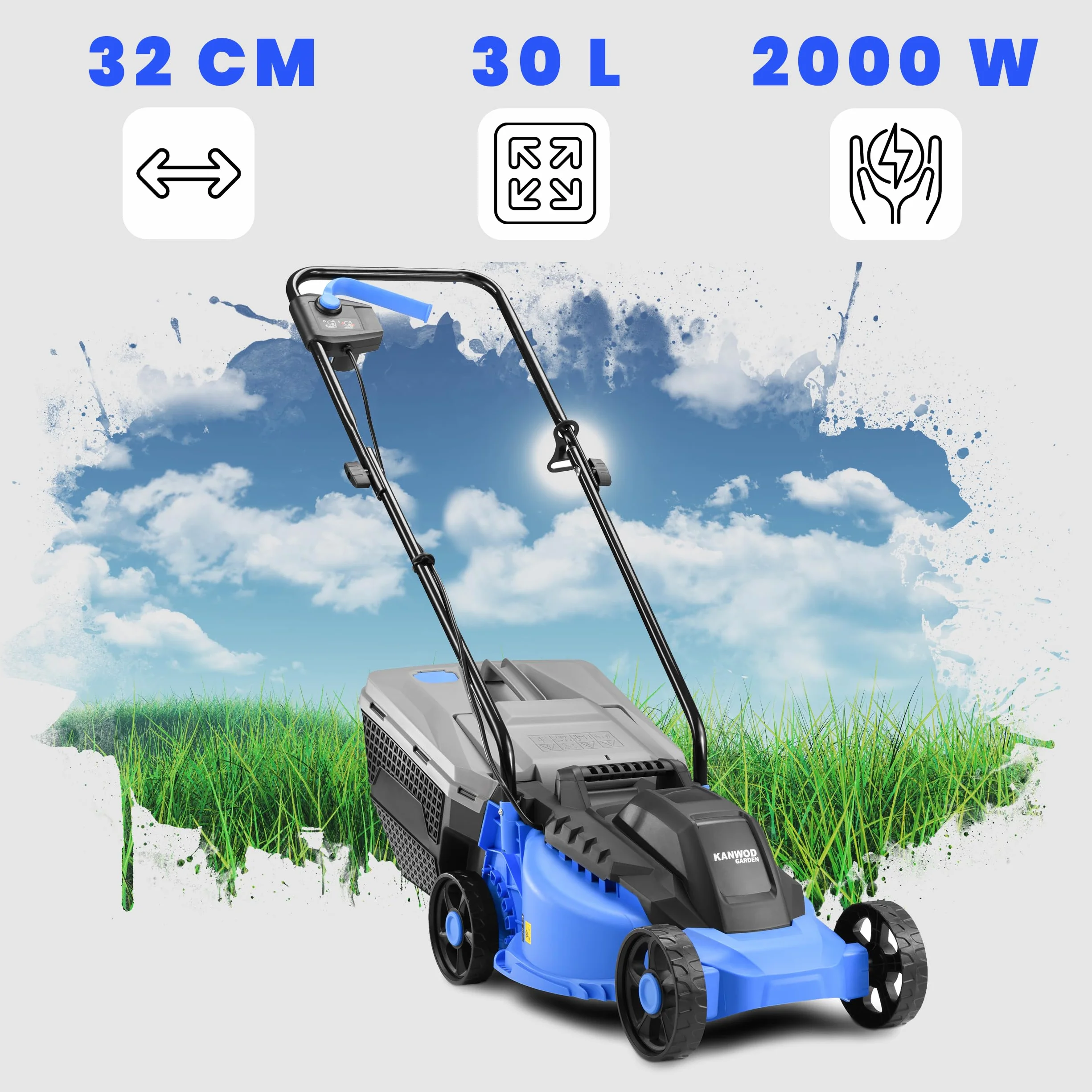 KANWOD Tagliaerba Elettrico, 1200 W, Larghezza di Taglio 32 cm, Cesto Raccoglierba 30 L, Regolazione Altezza Taglio 3 Livelli 30-70 cm, Tosaerba per superfici fino 500 m², 3400 giri/min, Grigio/Blu