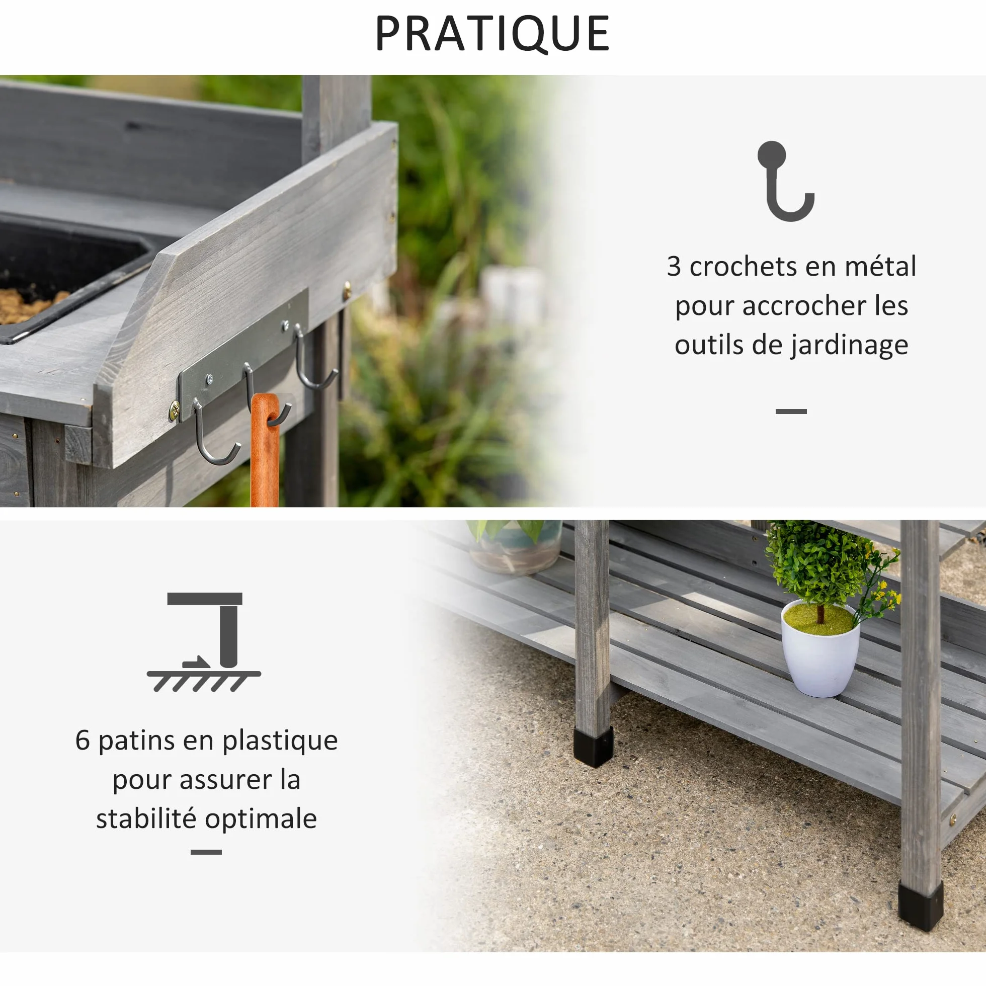 Outsunny Tavolo da giardinaggio multifunzionale con cassetto, 3 ripiani, lavello, 3 ganci - tavolo da giardinaggio in legno di abete preoliato grigio