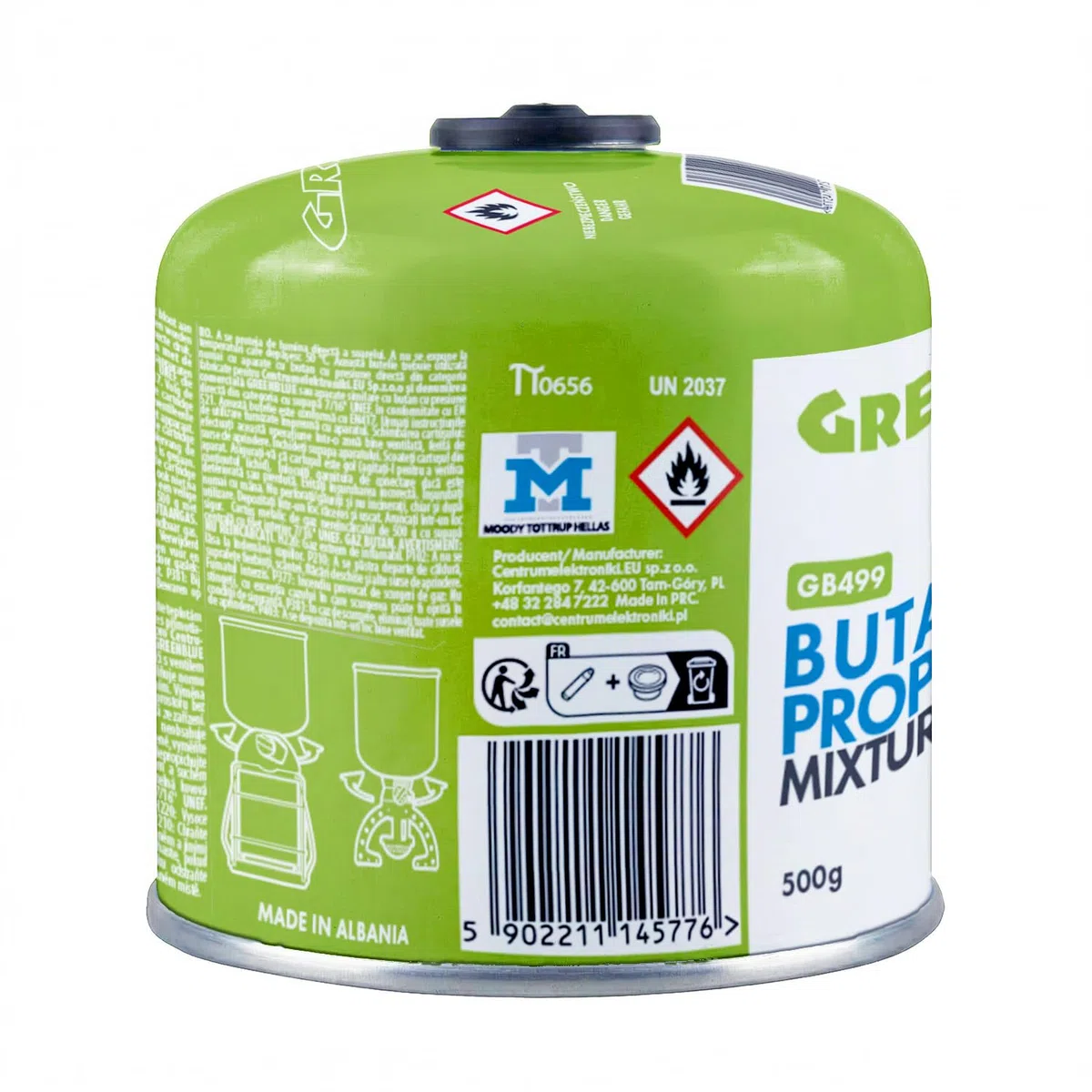 GreenBlue GB499 - Cartuccia gas 500 g (propano/butano) EN417, filettatura 7-16, sistema di sicurezza Gas Stop riutilizzabile, per fornelli da campeggio, bruciatori da esterno