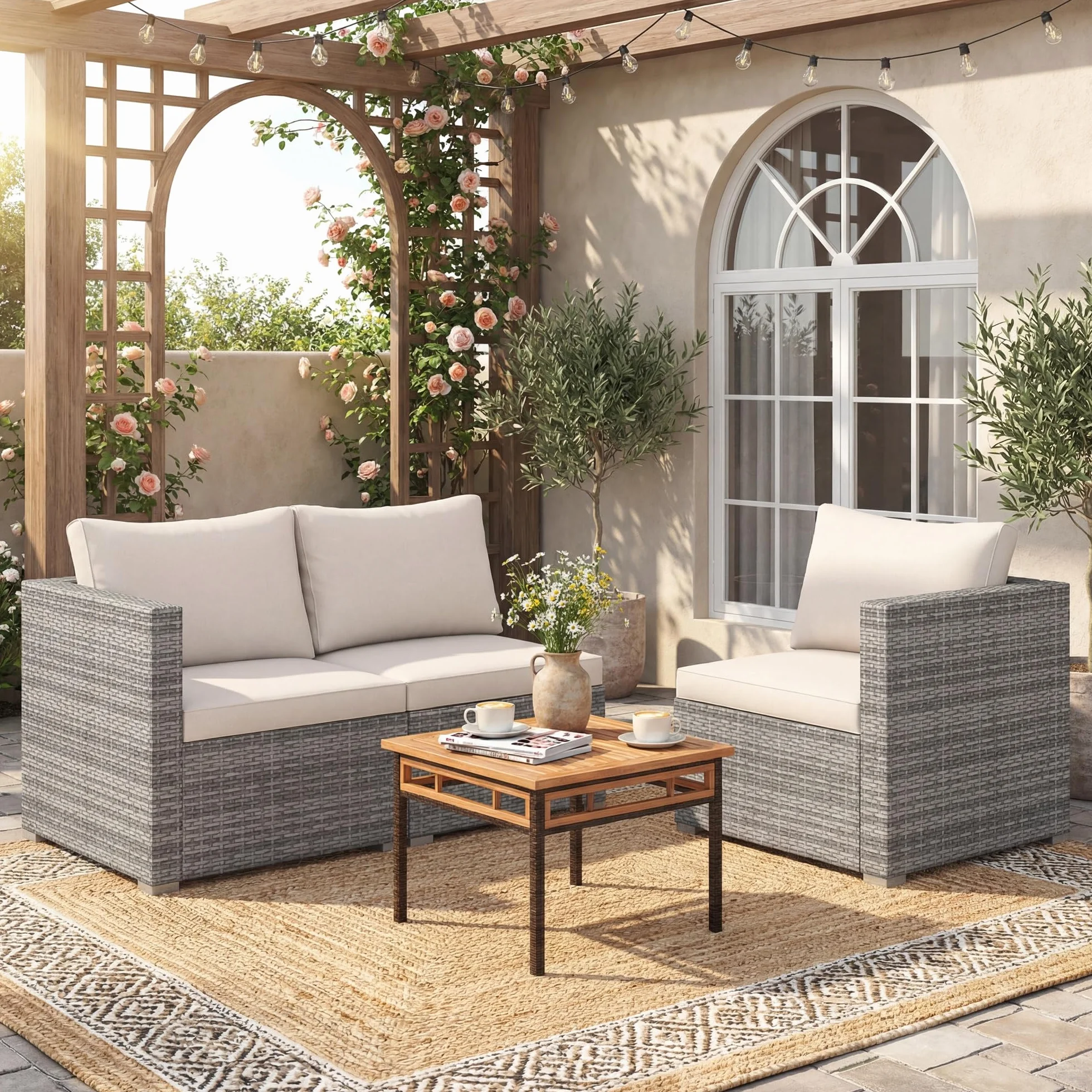 LIFEZEAL Divano da Giardino 3 Posti in Rattan PE, Divano da Esterno con Cuscini Inclusi, Salotto da Giardino Componibile Modulare per Terrazzo, Balcone e Cortile, 193 x 67 x 61,5 cm (Beige)