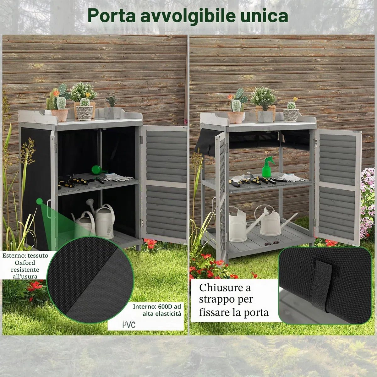 HOMASIS Tavolo da giardino per esterni, resistente alle intemperie, in legno, con armadio e piastra in metallo, tavolo da lavoro con 2 ripiani e 3 ante a rotelle, per terrazza, giardino, balcone, 67 x