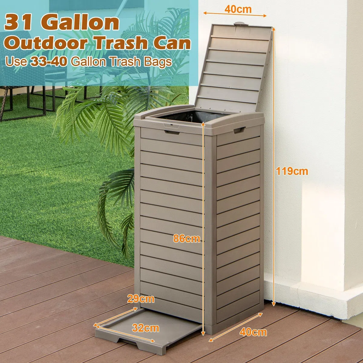 LIFEZEAL 2 Pattumiere Differenziata Esterno 118 L, Bidoni Giardino, Resistente alle Intemperie, in Resina, con Coperchio, Maniglia, Cestino Raccolta Spazzatura, Secchio Rifiuti, 40x40x86 cm, Marrone