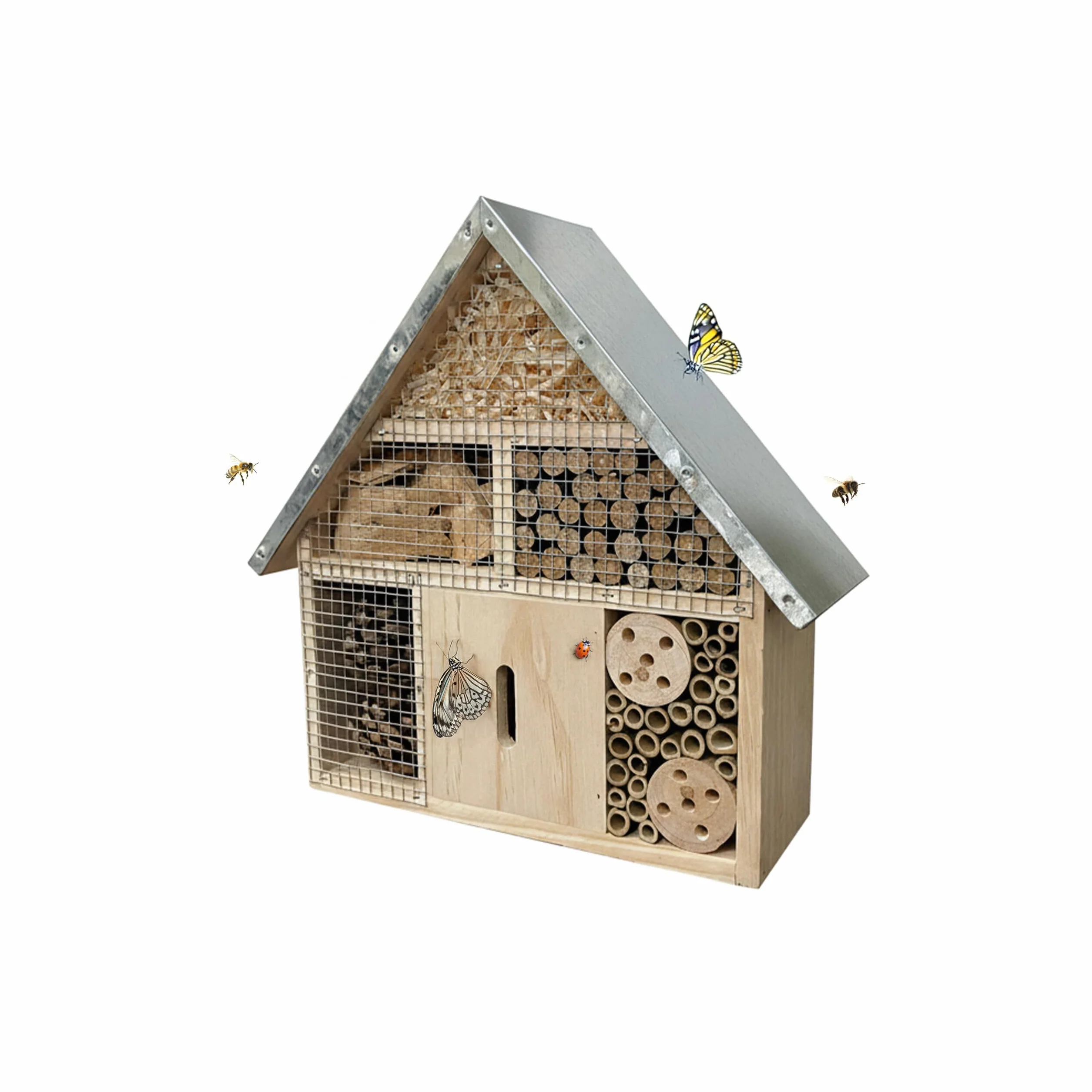 Relaxdays Hotel per Insetti in Legno con Tetto zincato, 28x30x9 cm, da Appendere, Naturale/Argento