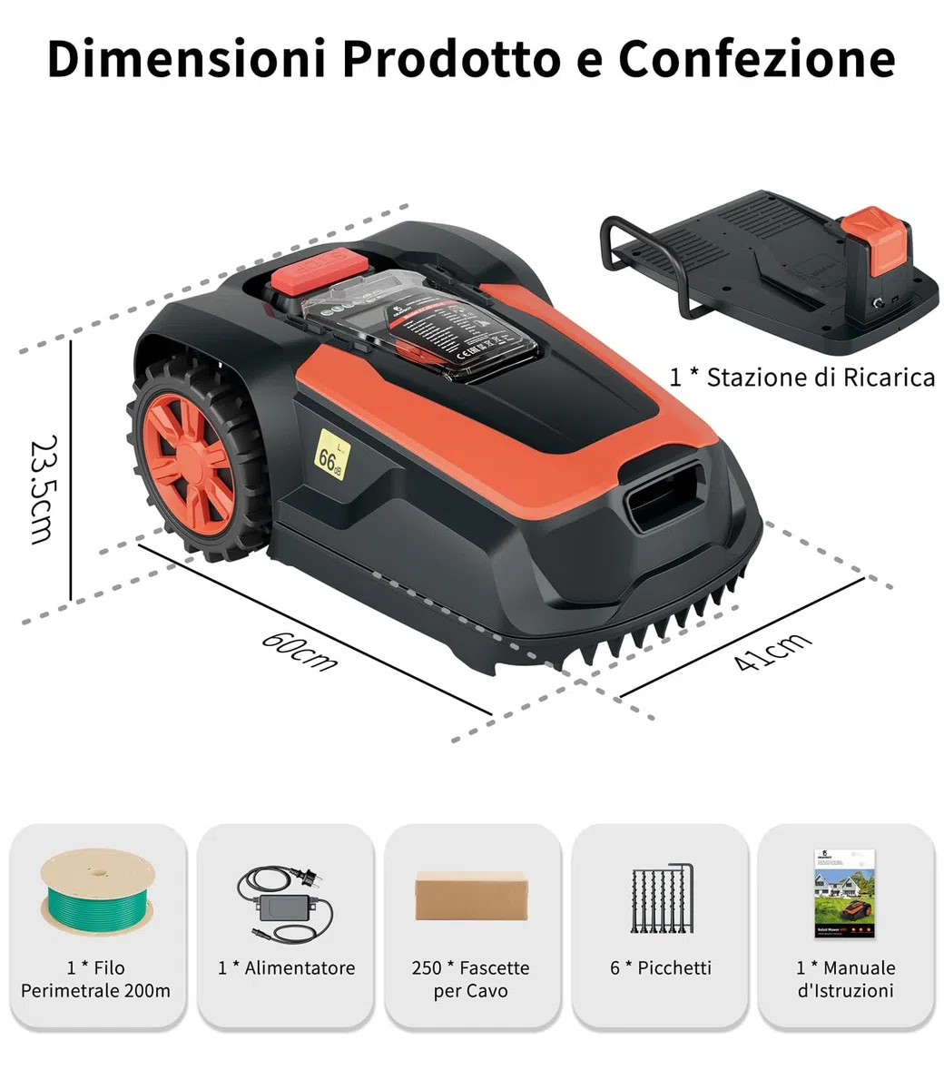 Robot Tagliaerba con Filo Perimetrale 1400 m², Pendenza 47%, Altezza di Taglio 25-65mm, Controllo via App