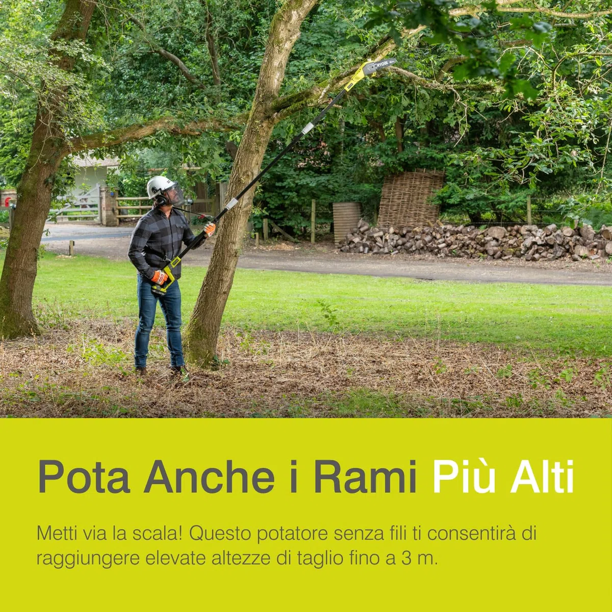 Ryobi OPP1820 Potatore a Batteria 18V ONE+, Impugnatura Ergonomica, Batteria Non Inclusa, Barra 20 cm, Velocità Catena 5,5 m/s