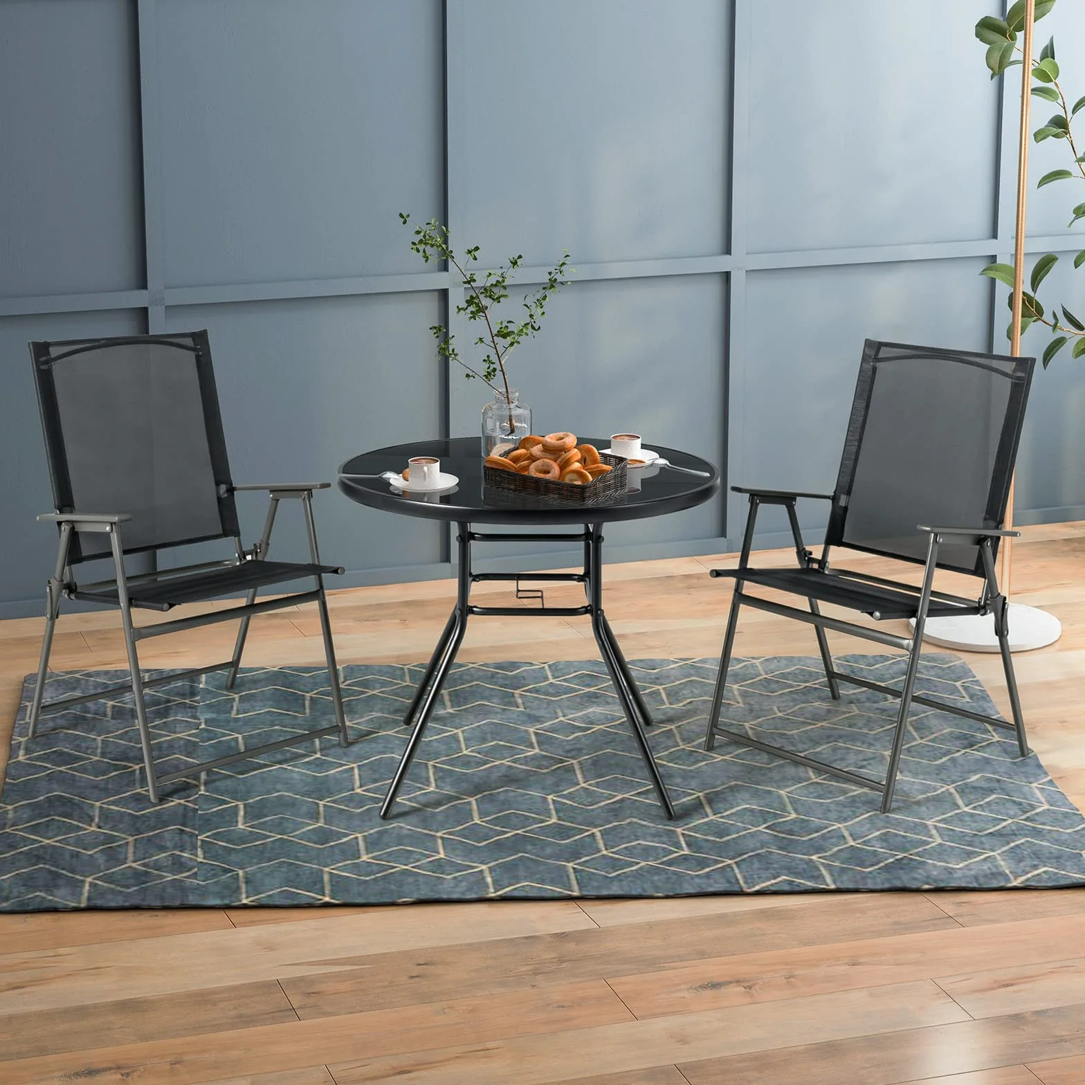 COSTWAY Tavolo Rotondo da Giardino con Buco per Ombrellone, Tavolo da Esterno in Vetro Temperato Struttura in Metallo, Tavolino per Balcone, Terrazza, Sala Pranzo e Soggiorno, 86 x 86 x 71 cm, Nero