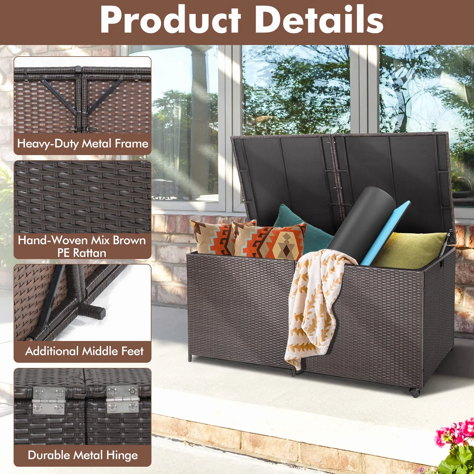 GIANTEX Contenitore per cuscini in rattan, 662 litri, con coperchio, con 2 ruote e manici, resistente alle intemperie, con tasca interna, con molla a gas, 150 x 77 x 72 cm