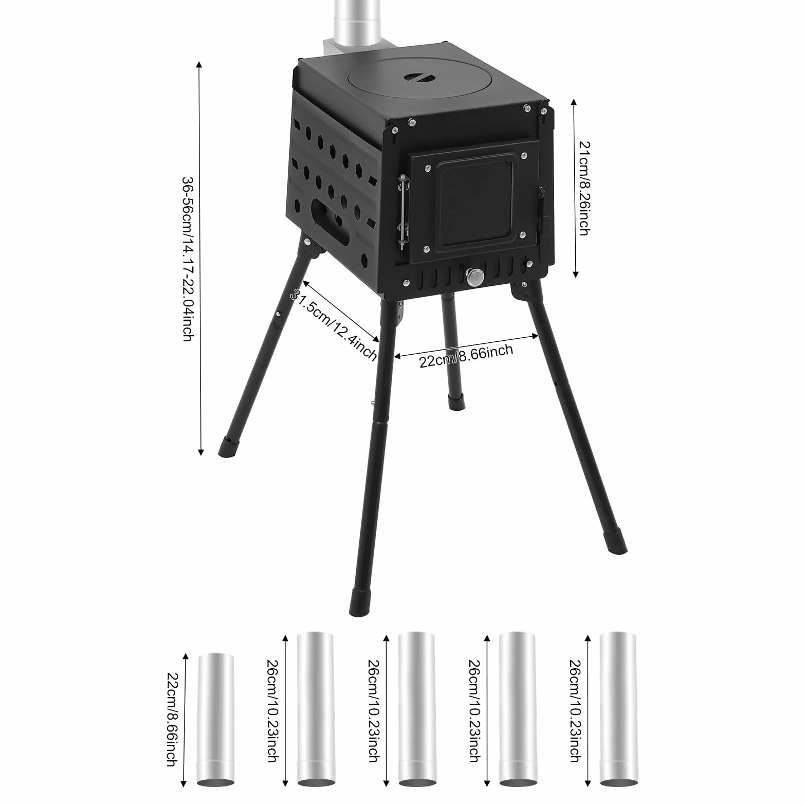 Stufa a legna pieghevole da campeggio con camino, altezza regolabile 36-56 cm, per esterni, barbecue e riscaldamento (acciaio inossidabile)