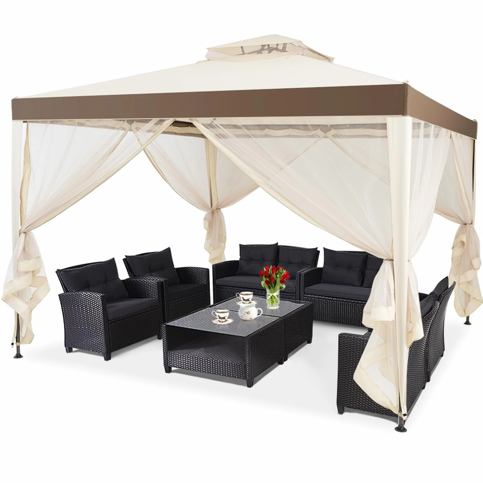 COSTWAY Gazebo da Giardino 3 x 3 m, Gazebo da Esterno con Zanzariera, Doppio Tettuccio e 4 Tendine Poliestere Laterali, Impermeabile, Struttura in Metallo, per Giardino, Patio e Cortile (Beige)