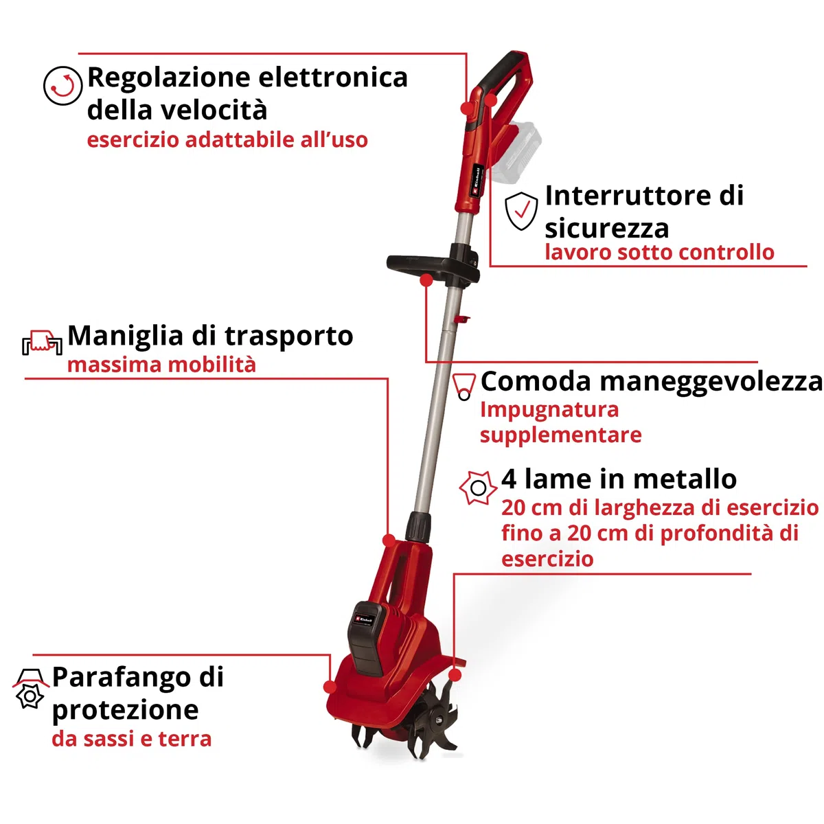 Einhell Motozappa a batteria, 18 V, agli ioni di Li, regolazione della velocità, lama scarificatrice, presa aggiuntiva, senza batteria o caricabatterie, colore: rosso/nero