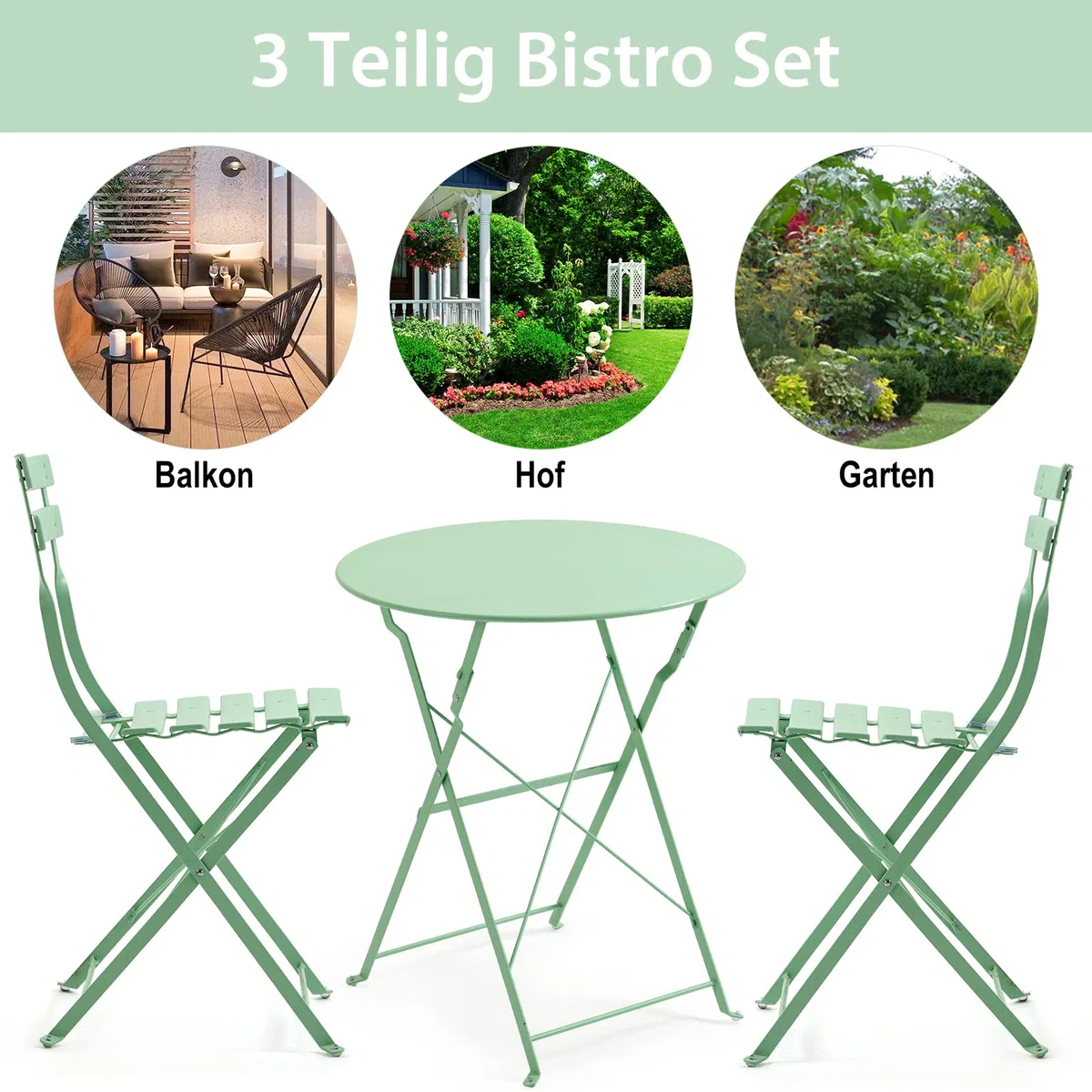 AVAWING - Set da balcone e giardino in 3 pezzi, con tavolino e 2 sedie pieghevoli (verde)