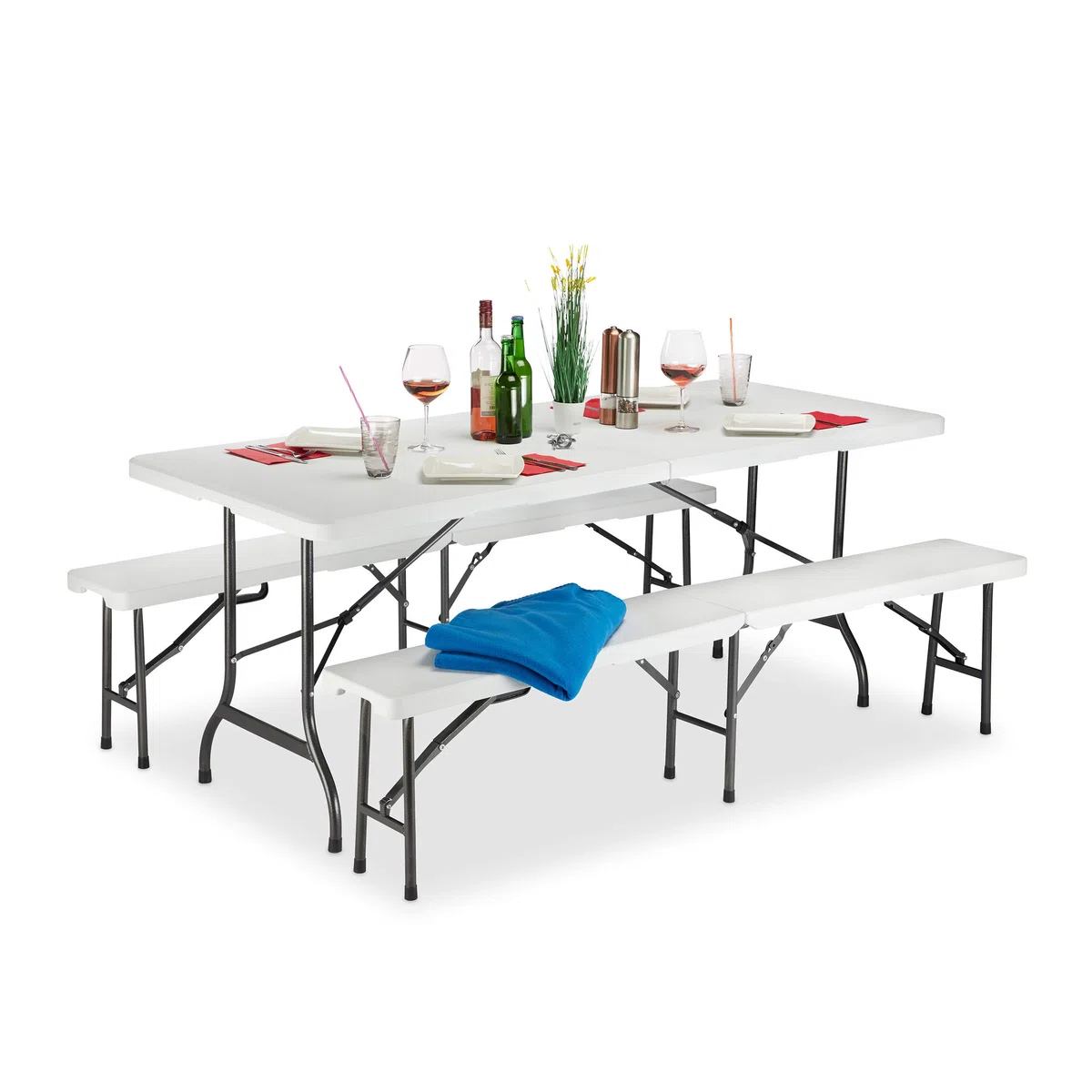 Relaxdays Set Chiosco Tavolo Panche ribaltabili, 3 pezzi Arredo Giardino, monocolore, H x L x P: 74 x 180 x 74, 5 cm, bianco