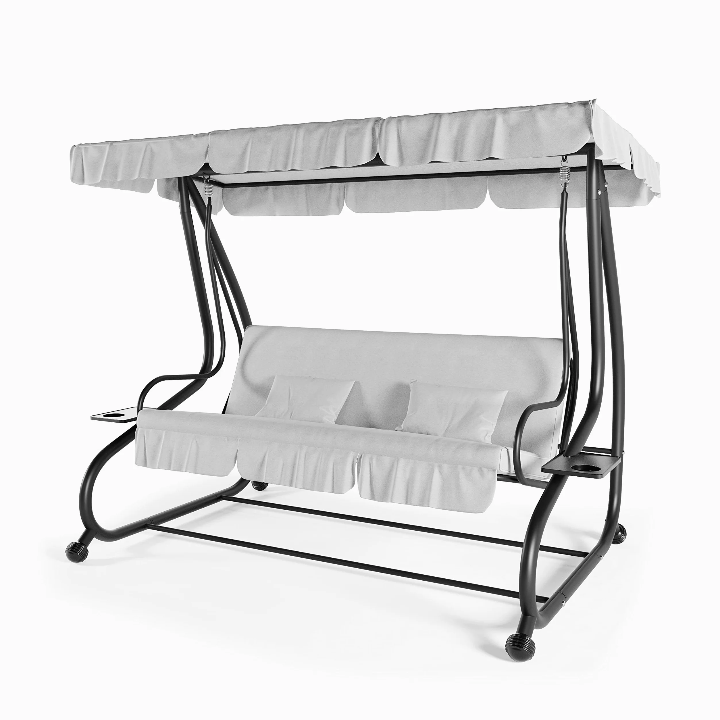 Dondolo Reclinabile 3 Posti Con Cuscini Imbottiti Parasole Tettuccio Regolabile Diventa Letto Struttura Acciaio Robusto Verniciato Giardino Esterno Balcone Terrazzo Piscina 200 x 120 x 160 cm Grigio