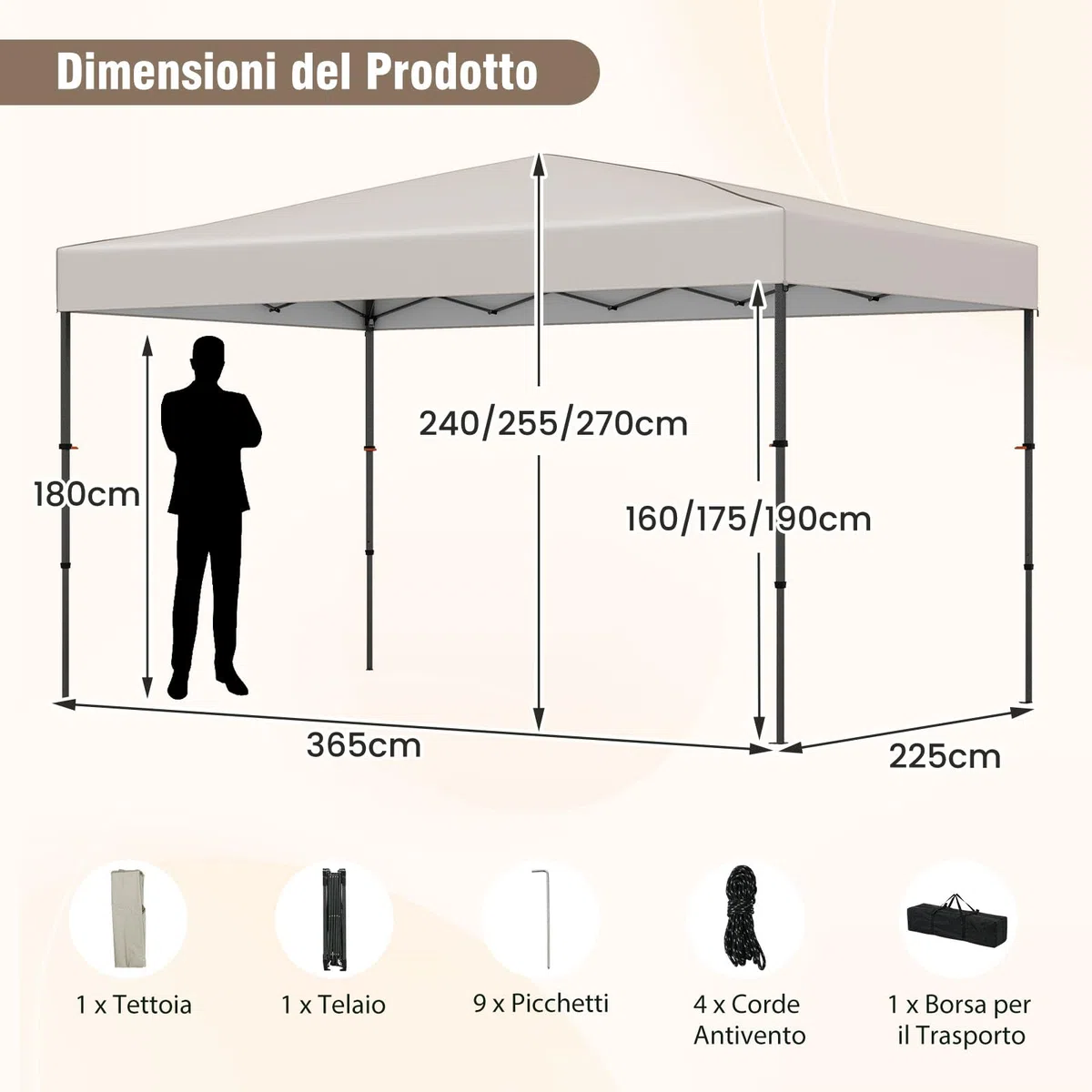 COSTWAY Gazebo Pieghevole Impermeabile, Gazebo Esterno Resistente con Acciaio Regolabile, Borsa Portatile, 9 Picchetti e 4 Corde Antivento, per Giardino, Feste e Barbecue (Beige, 3,65 x 2,25 m)