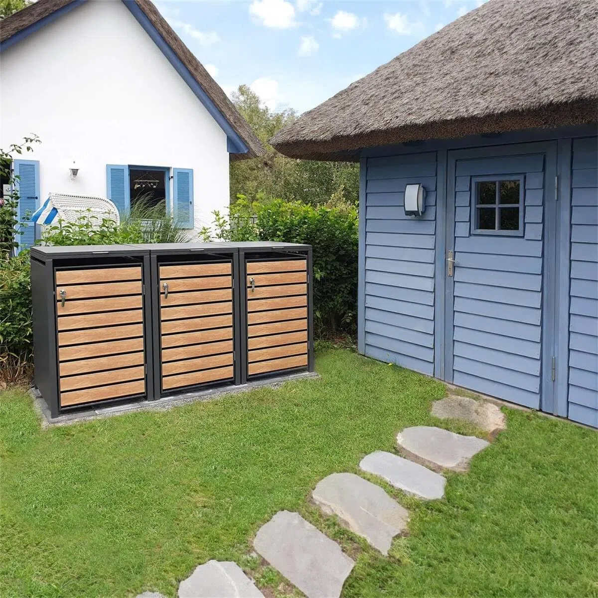 Metzler box pattumiere design antracite & effetto legno 3x240L, acciaio verniciato a polvere, robusto e chiudibile