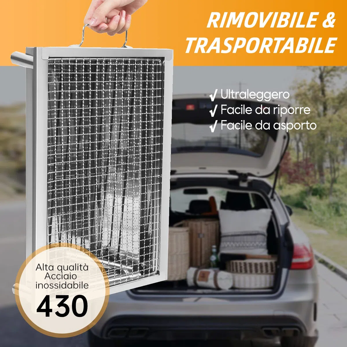 Barbecue a carbonella da esterno, in acciaio inox, regolabile e smontabile, portatile, con gambe di supporto, per giardino, pic-nic, campeggio