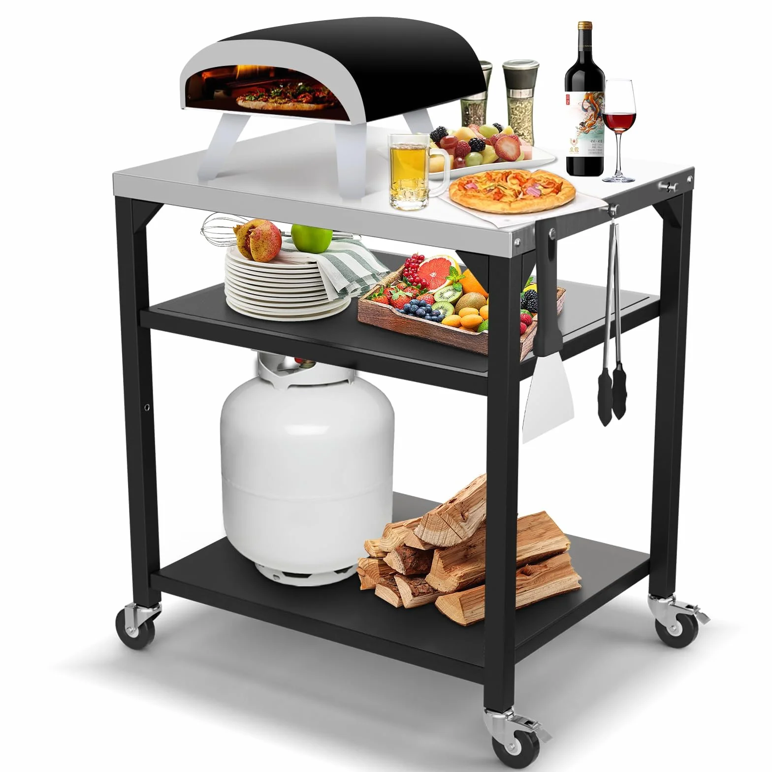 GFTIME Carrello con tavolo per forno a pizza per Ninja Woodfire, Blackstone Griddle, Weber Q, grande carrello multiuso per isola da cucina, supporto per griglia da esterno, carrello con tavolo per