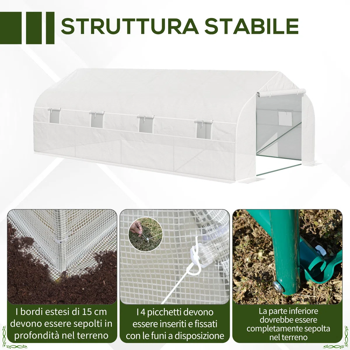 Outsunny Serra a Tunnel 6x3x2m con 8 Finestre e Porta Avvolgibile, Serra per Orto con 4 Picchetti e 4 Funi Incluse, in Acciaio e PP, Bianco