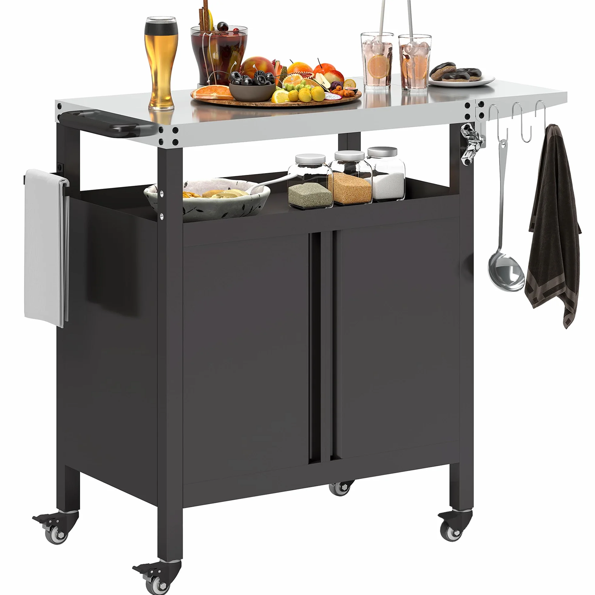 Outsunny Carrello Barbecue con Piano in Acciaio Inox e Tavolino Laterale Pieghevole, Tavolo Cucina da Esterno per Forno Pizza con Ruote, Maniglia, 6 Ganci e Apribottiglie, 116x50x93 cm, Nero