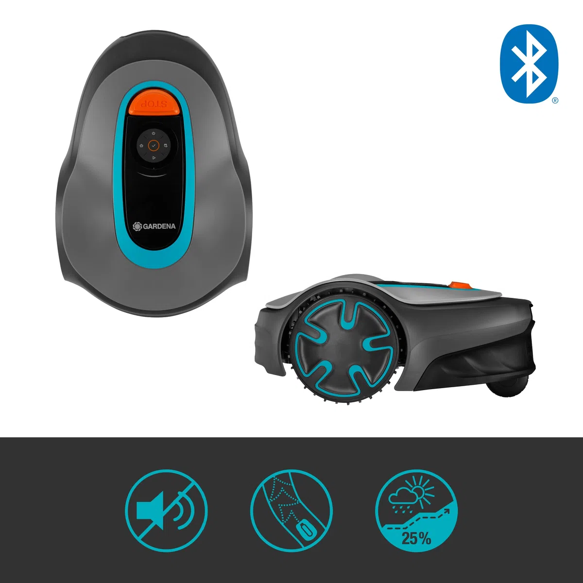 Gardena Robot Rasaerba Sileno Minimo, per Superfici Fino a 500 mq, Pendenza Fino a 25%, Controllo Via App Bluetooth, Altezza di Taglio 20-45 mm, Adatta I Tempi di Taglio Alla Crescita (15202-34)
