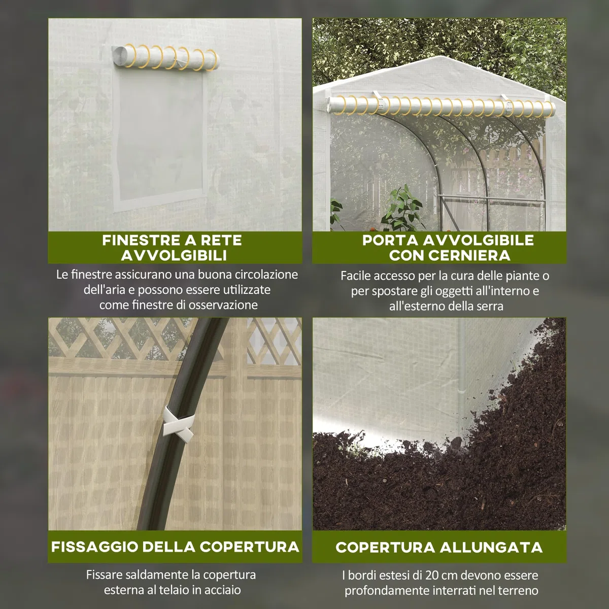 Outsunny Serra da Giardino, Serra a Tunnel per Giardino con Porta a Rullo e 6 Finestre, per Orto in Polietilene e Acciaio, 3.5x3x2 m, Bianco