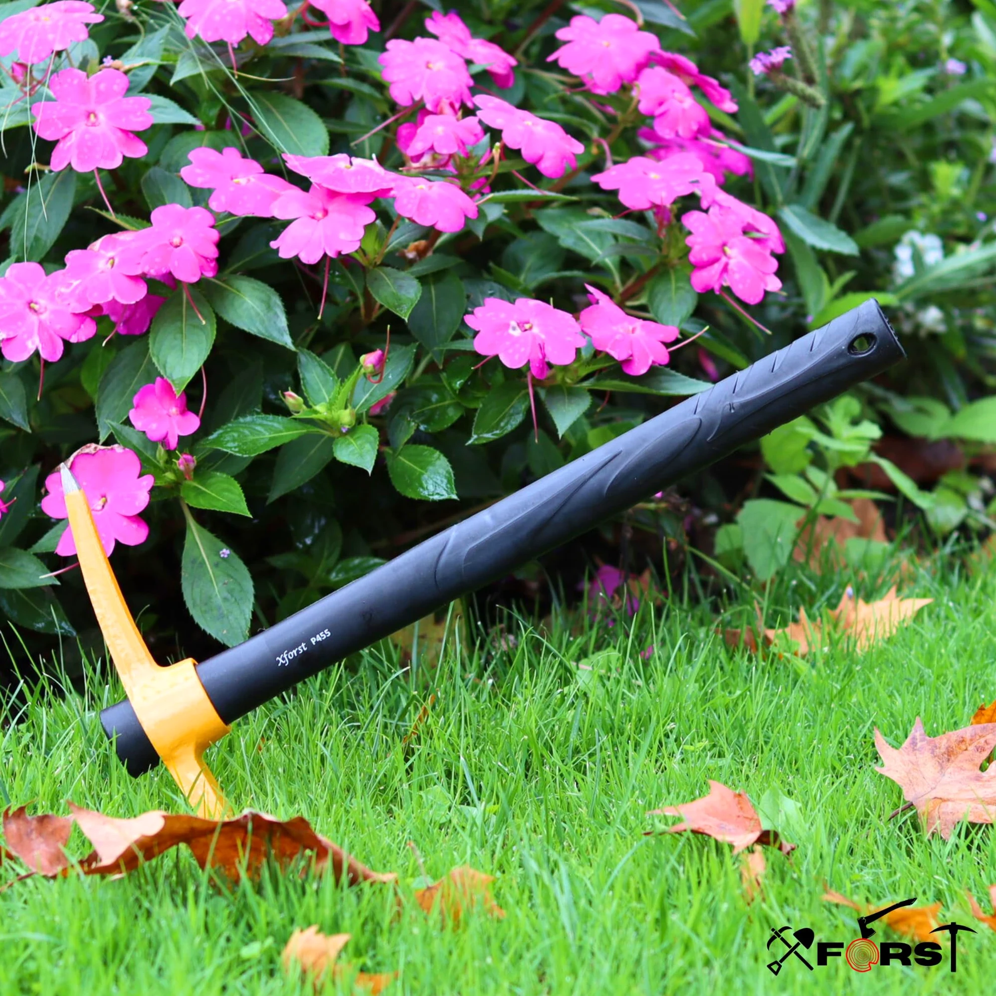 Xforst Set da giardinaggio con piccone e mini-pala, con manico in fibra di vetro e teste in acciaio forgiato, robusti e leggeri, ideali per giardinaggio, campeggio e prospezione. X-S800 & X-PF45.