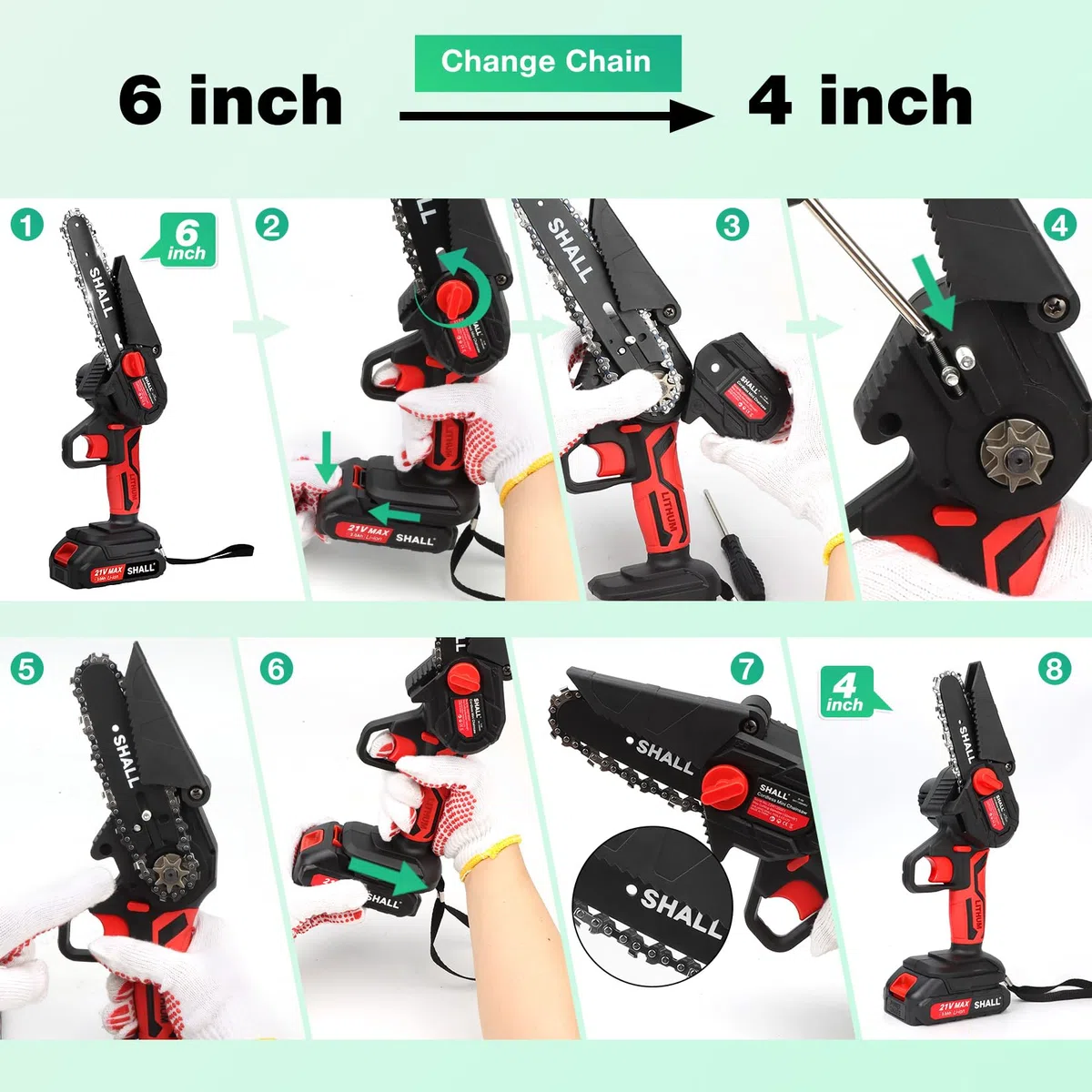 SHALL Mini motosega portatile. Motore senza spazzole.2 batterie a ricarica rapida, 4 catenelle da taglio, Kit mini motosega a batteria da 6"