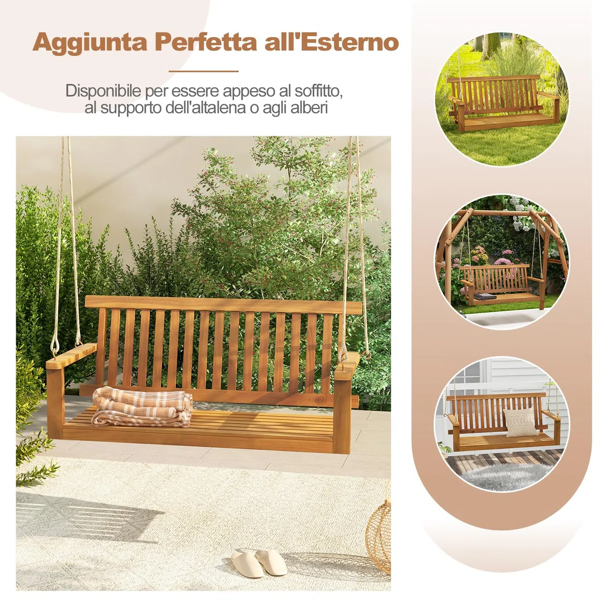 COSTWAY Altalena da Giardino in Legno di Acacia, Panchina Sospesa con 2 Posti, Sedia a Dondolo per Giardino, Sedia Sospesa con Schienale, Portata 360 kg, per Giardino Balcone Cortile