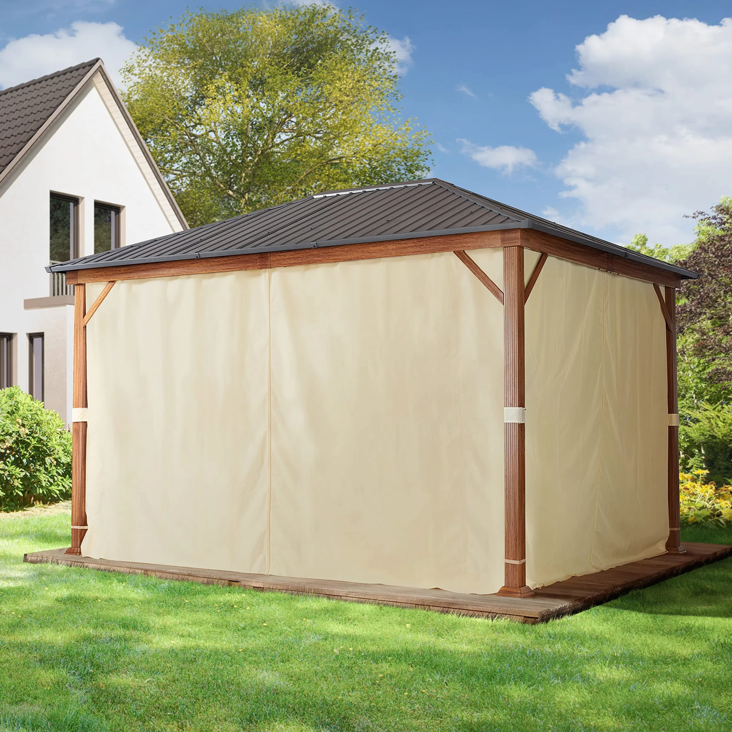 TOOLPORT Gazebo da Giardino 3x4 m Look Legno, Tetto Hardtop in Acciaio, 4 Teli Laterali Color Crema