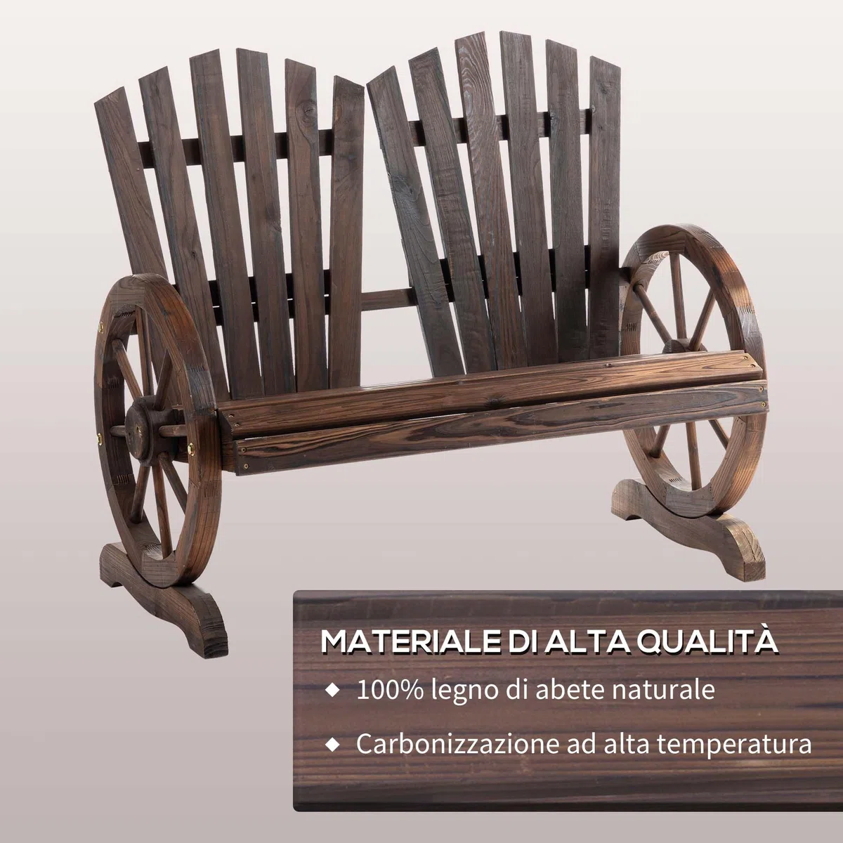 Outsunny Panchina da Giardino da 2 Posti con Braccioli a Forma di Ruota, Panchina da Esterno a Doghe in Legno di Abete, Panca per Terrazza Patio e Cortile, 108x66x95 cm, Carbonizzato