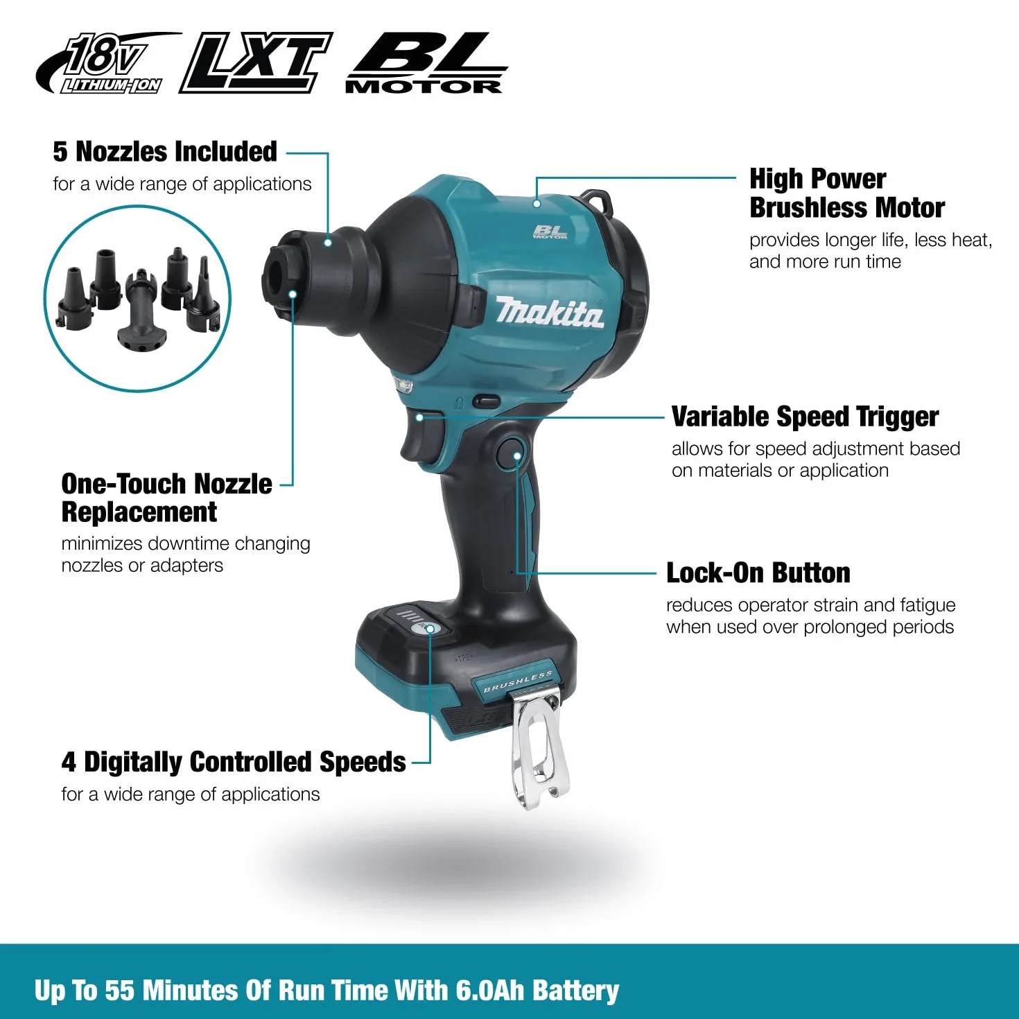 Soffiatore a pistola 10,3kPa 18V LXT BL Makita DAS180Z (senza batterie, senza caricabatterie)