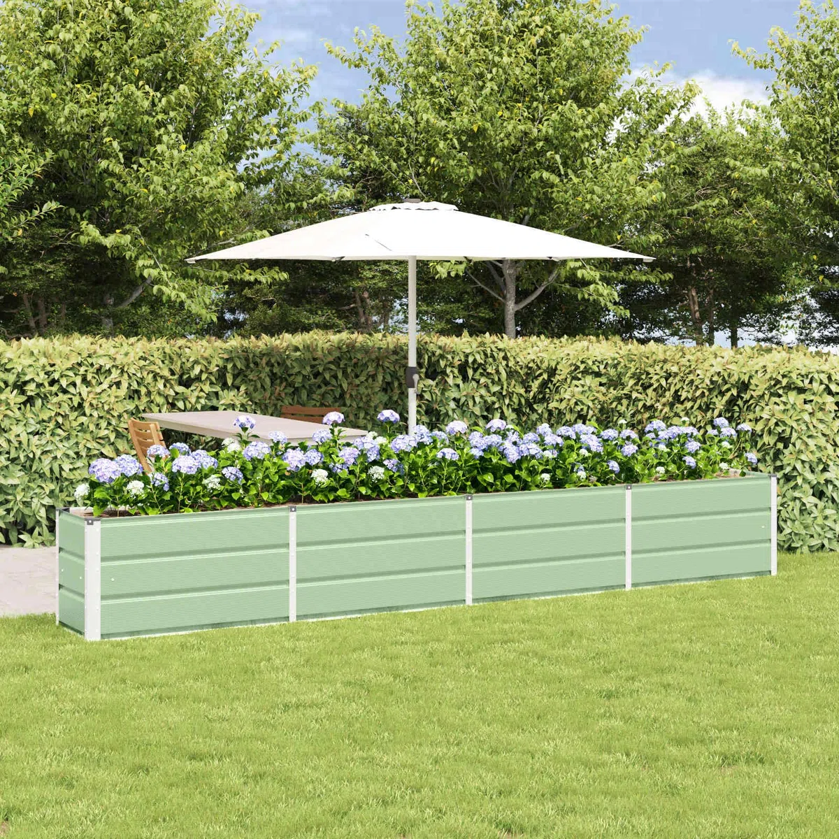 ACAGALA Aiuola rialzata in metallo, 320 x 45 cm, rettangolare, da giardino, in acciaio, aiuola per piante, aiuola da giardino, fioriera per verdure, frutta, erbe e fiori, verde