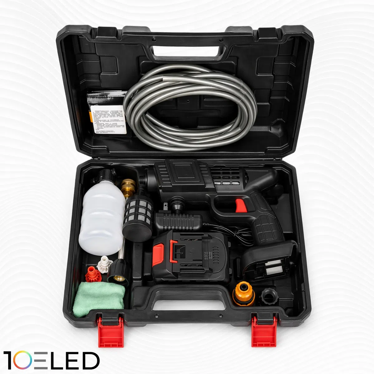 Idropulitrice a Batteria Portatile con Aspirazione da Secchio - Ugelli Multifunzione e Schiumatore - Pistola ad Alta Pressione per Auto,Bici, Giardino - Compreso di Valigetta e tutti gli Accessori