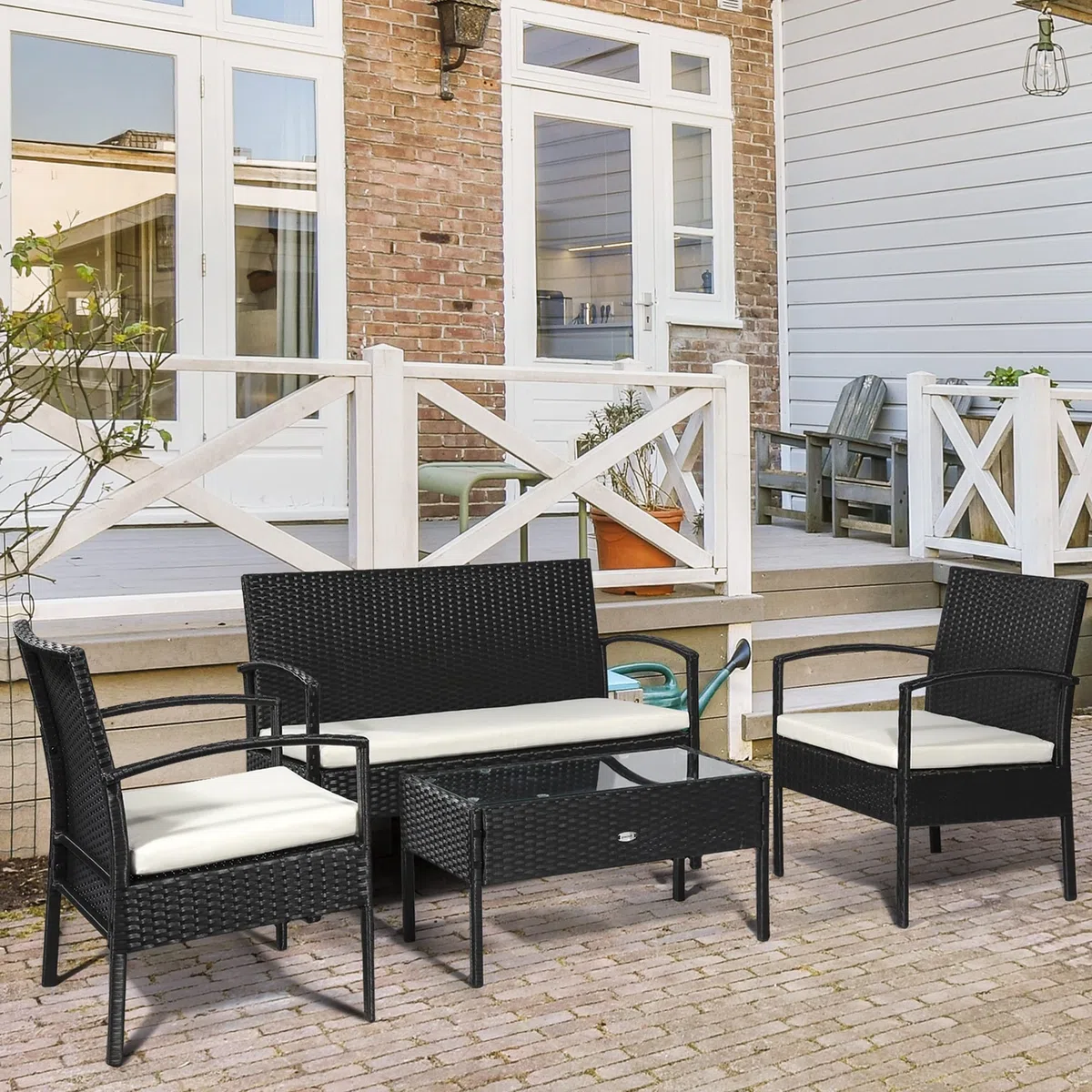 Outsunny Set da Giardino 4 Pezzi in Rattan PE, Salotto da Giardino con Tavolino da Giardino 75x40x38 cm, 2 Poltroncine 57x60x77 cm e Divano 2 posti 108x60x77 cm, Nero e Crema