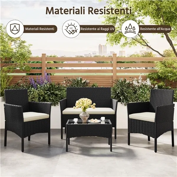 Yaheetech Set da Giardino in Rattan, 4 Posti, con divano a 2 posti, 2 sedie, tavolo e cuscini per seduta resistente alle intemperie, Salotto da Siardino Esterno, per Terrazza Balcone Patio