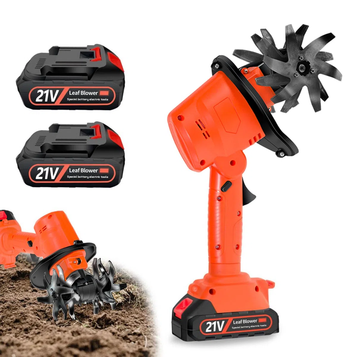 Motozappa a Batteria, 21V Motocoltivatore da Giardino con 2 Batterie 3000mAh Zappatrice Elettrica con 4 Lame in Metallo 10cm Larghezza di Lavoro 10cm Profondità di Lavoro 235 Giri/min Velocità