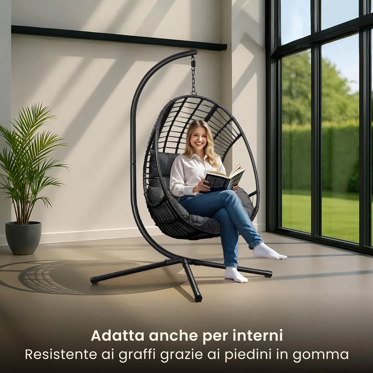 Swoods XXL poltrona sospesa - poltrona sospesa da giardino - Per uso interno ed esterno - con cuscino e copertura protettiva - resistente alle intemperie - portata fino a 150 kg (Grigio scuro)